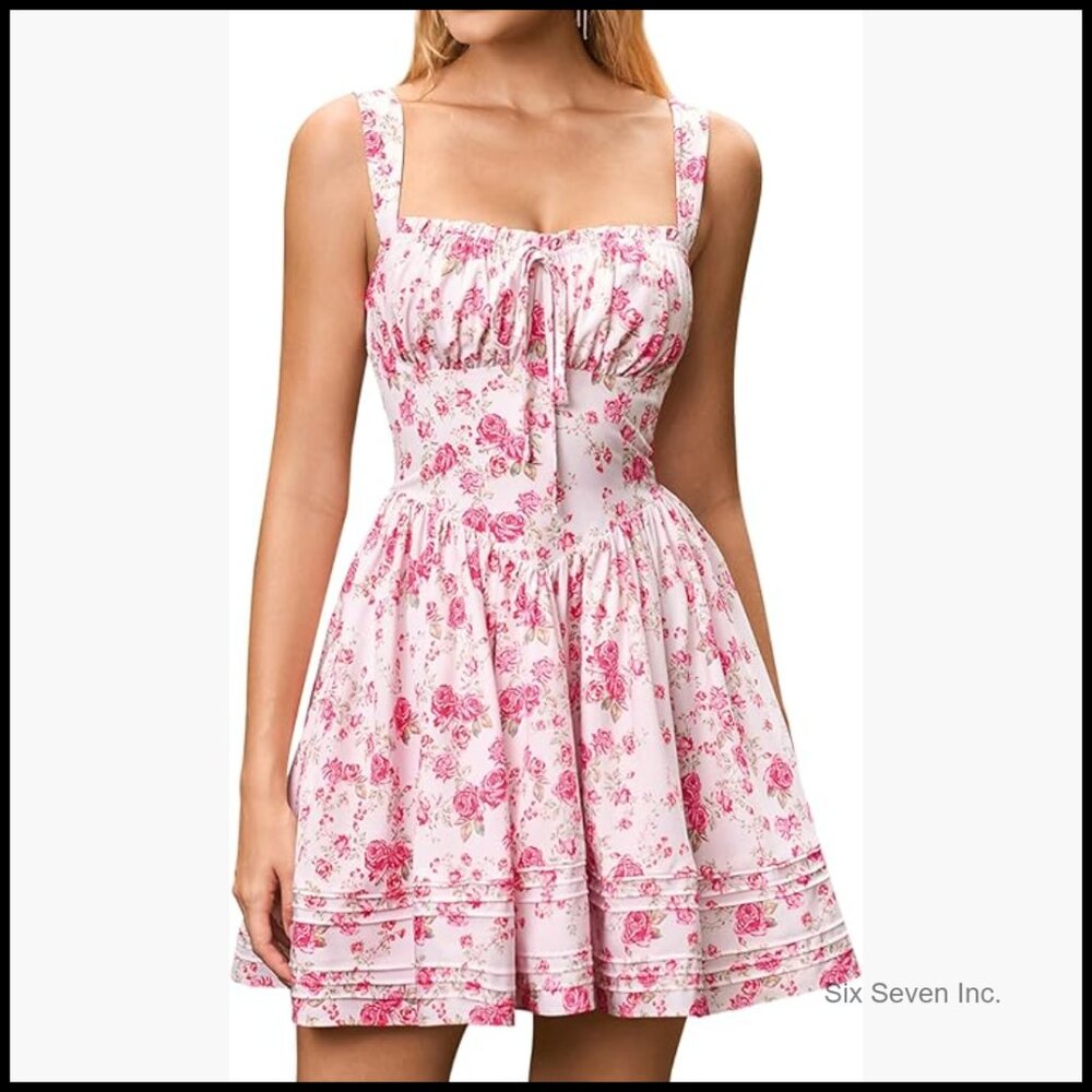 Square Neck Mini Sundress Corset A Line Flowy Swing Casual Summer Dress